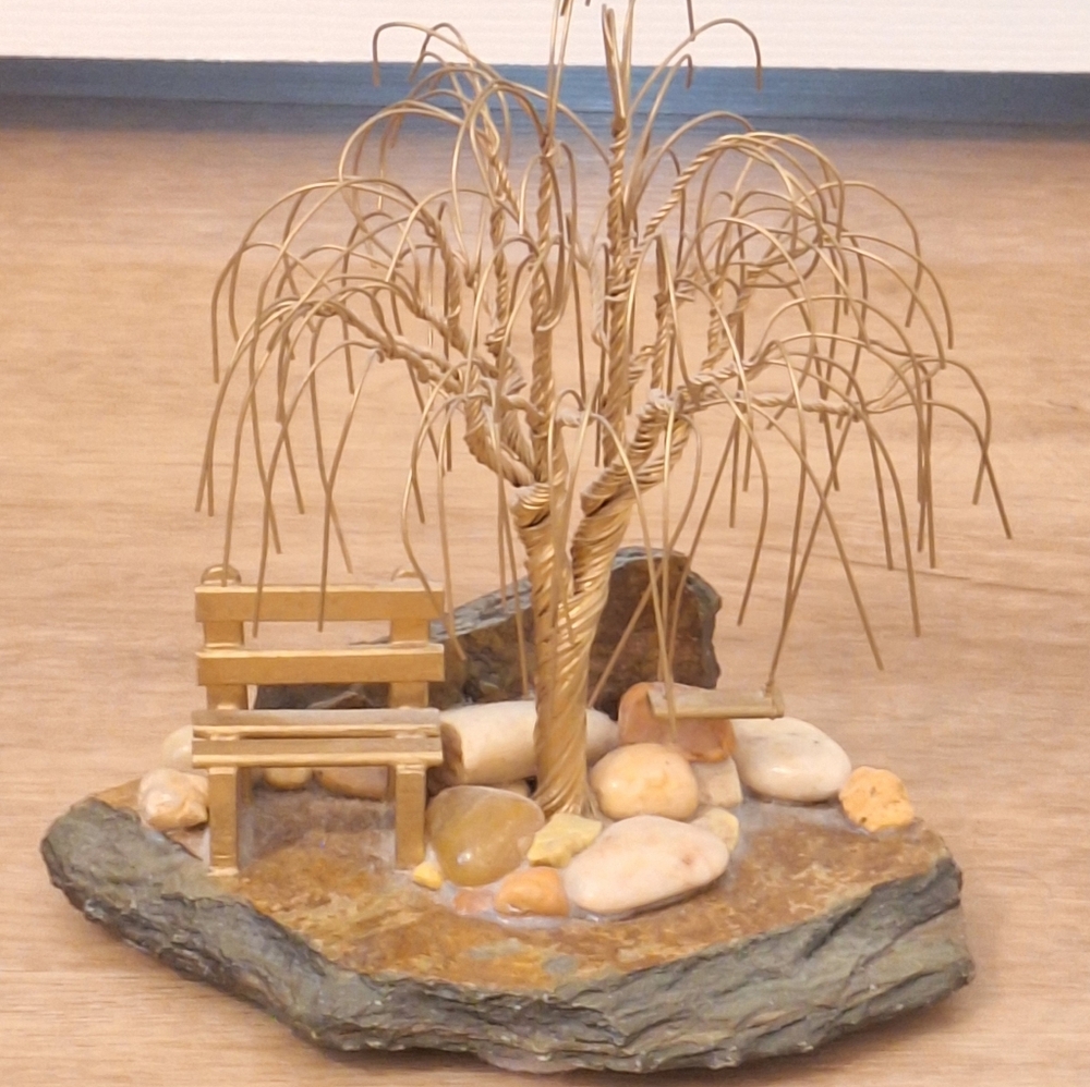 Gold Wire Tree Sculpture On A Stone with Bench And Swing (L02)
